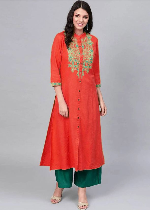 Orange Straight Cut Kurta & Pant In Reyon