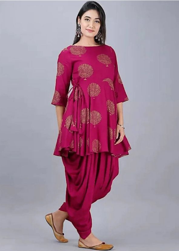 Pink Printed Peplum Style Kurta & Dhoti