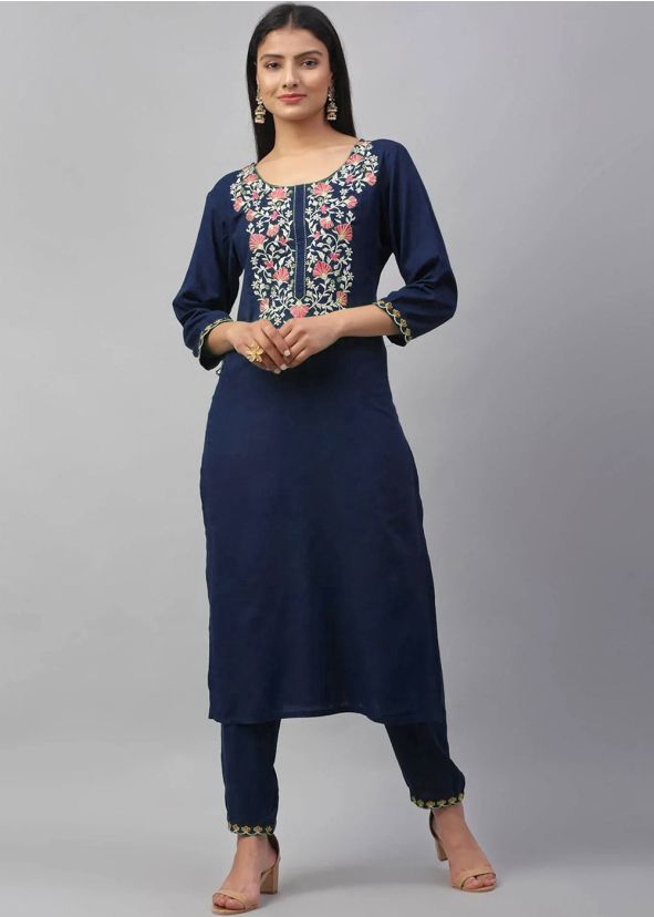 Blue Embroidered Reyon Kurta Set