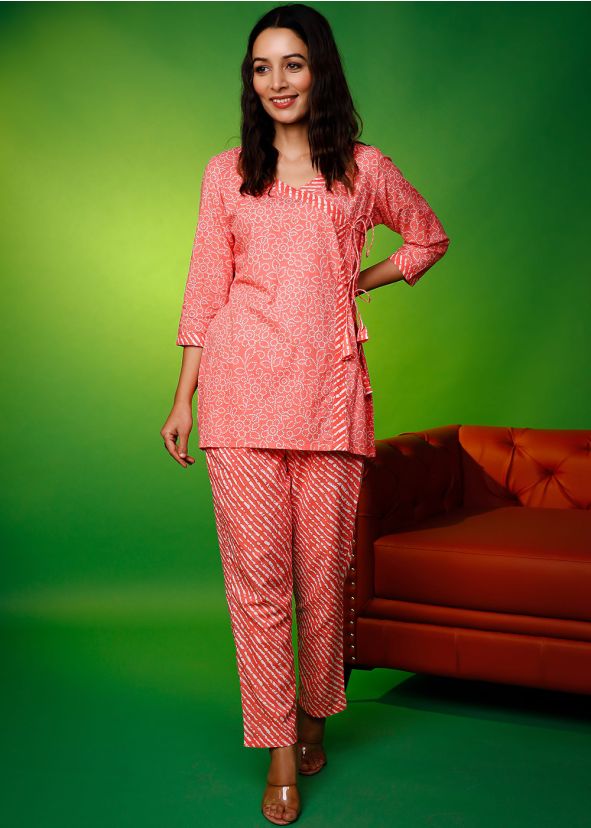 Orange Bandhej Printed Cotton Kurta Set