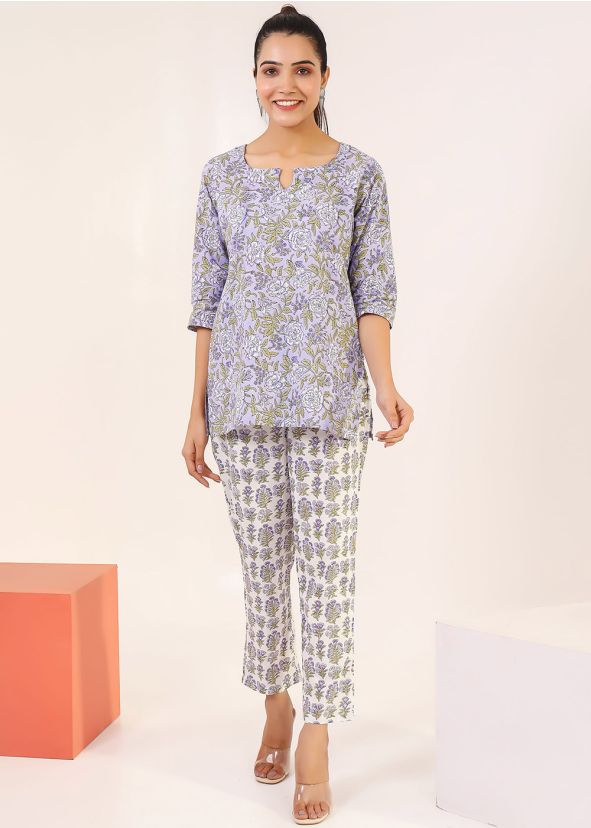 Purple Floral Printed Cotton Kurta Set