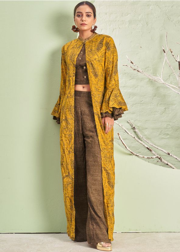 Brown Readymade Indowestern Pant Set & Jacket In Reyon