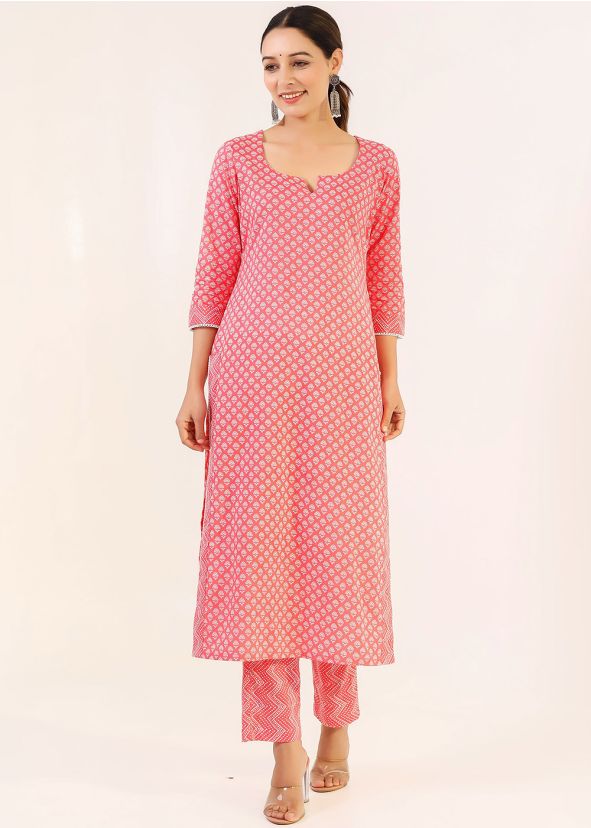 Pink Printed Cotton Kurta And Pant