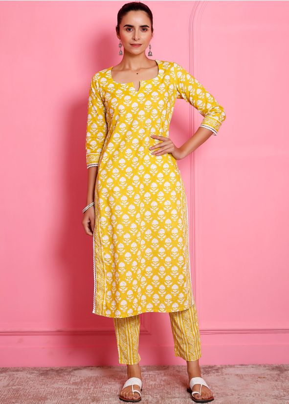 Yellow Cotton Pant & Kurta In Printed 