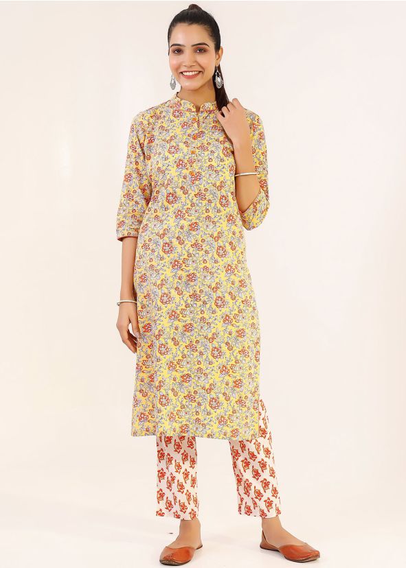 Yellow Printed Pant & Kurta In Cotton