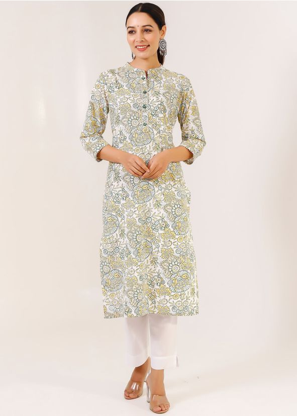 White Printed Kurta & Pant In Cotton