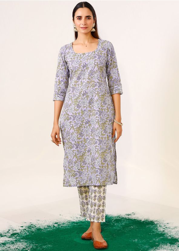 Purple Printed Cotton Kurta & Pant