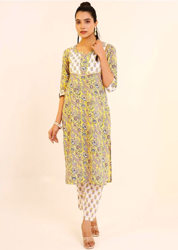 Yellow Floral Printed Kurta With Pant