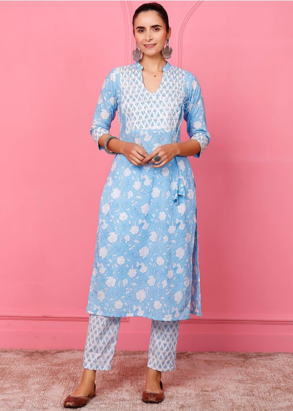 Blue Cotton Straight Cut Pant & Kurta