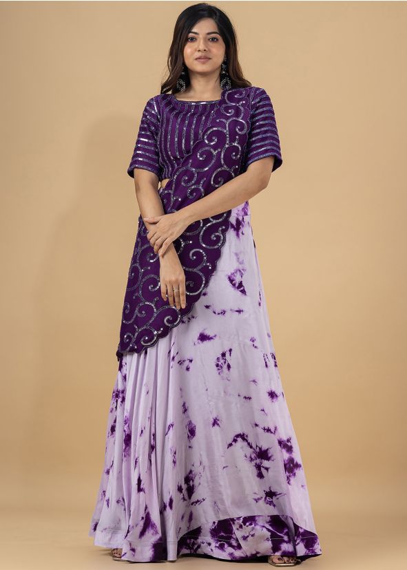 Purple Embroidered Skirt Set In Art Silk