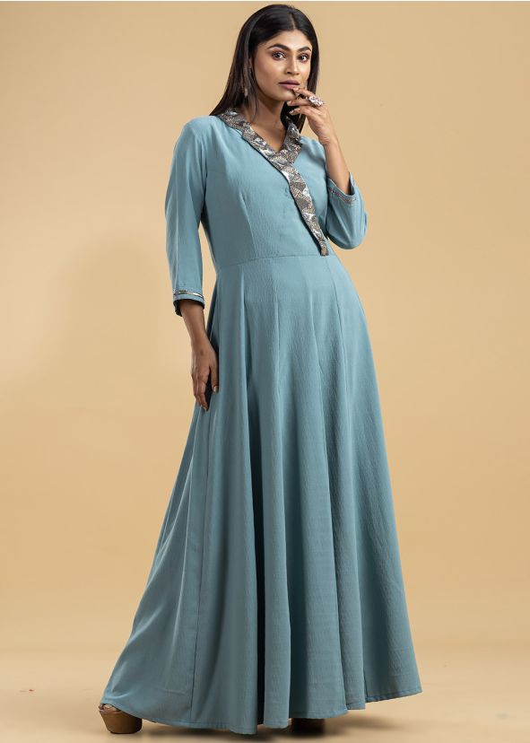 Blue Slit Style Embroiered Crape Designer Indian Tunics Online USA