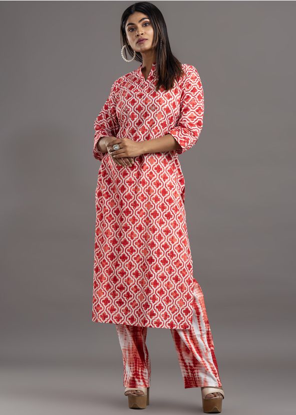 Pink Cotton Printed Kurta Set