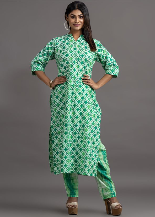 Green Cotton Kurta Set In Printed