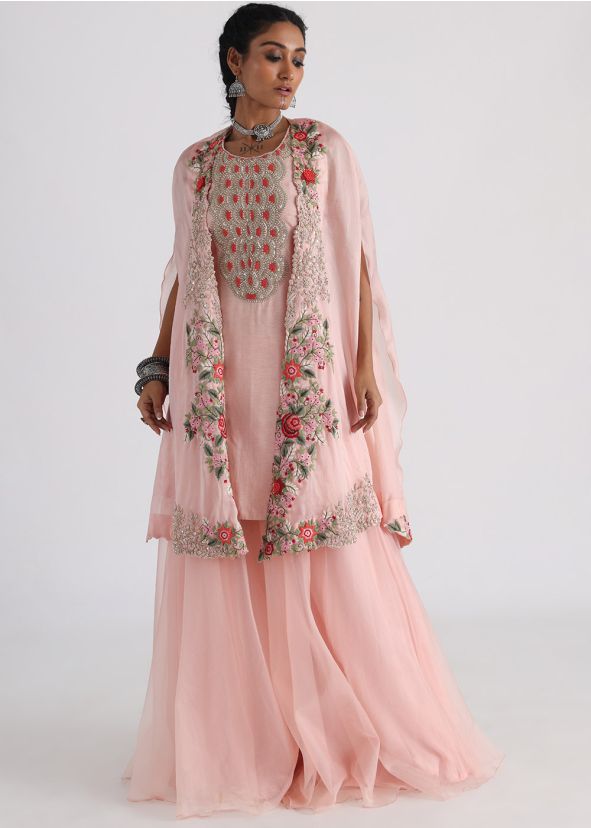 Pink Embroidered Kurta Set In Art Silk