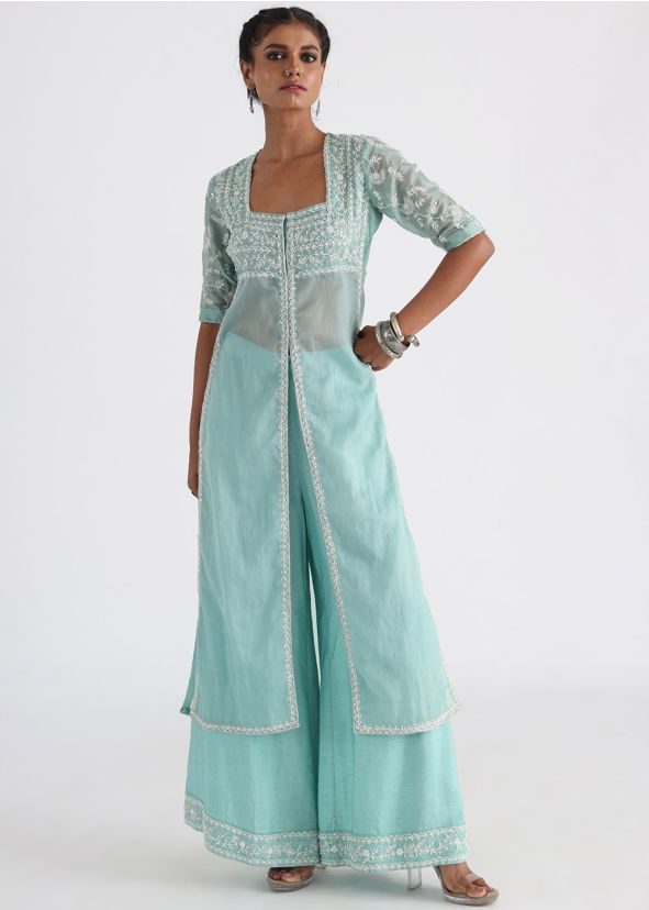 Blue Embroidered Kurta Set In Organza