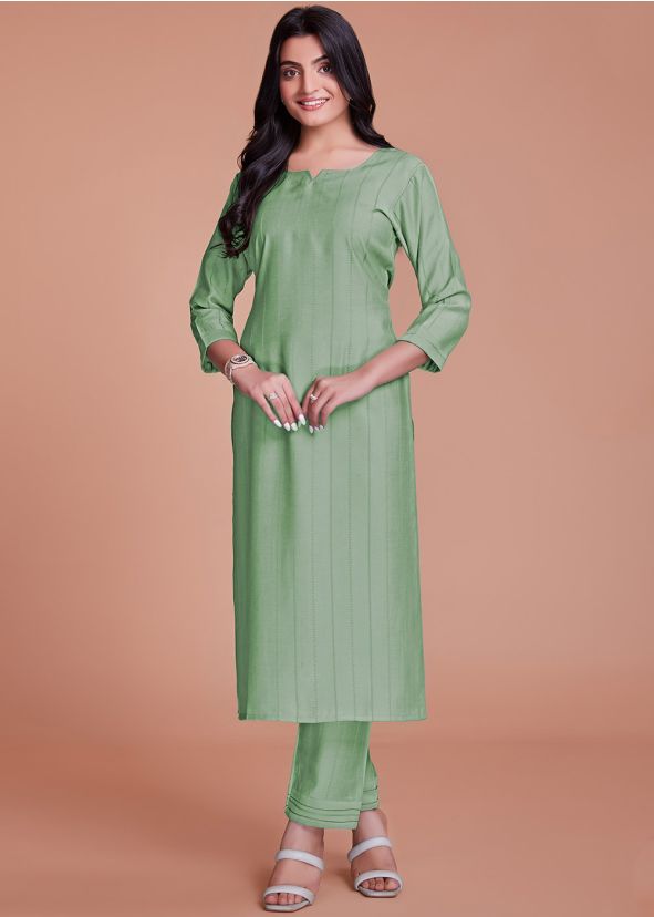 Readymade Green Woven Kurta Set