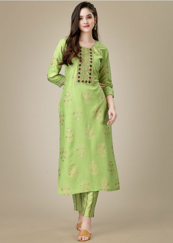 Green Readymade Printed Kurta & Pant