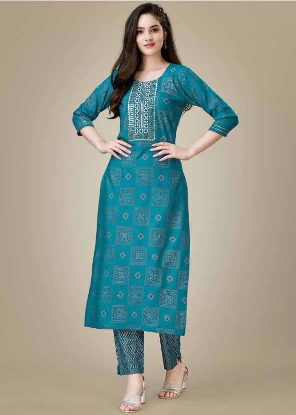 Teal Green Printed Pant Kurta Set