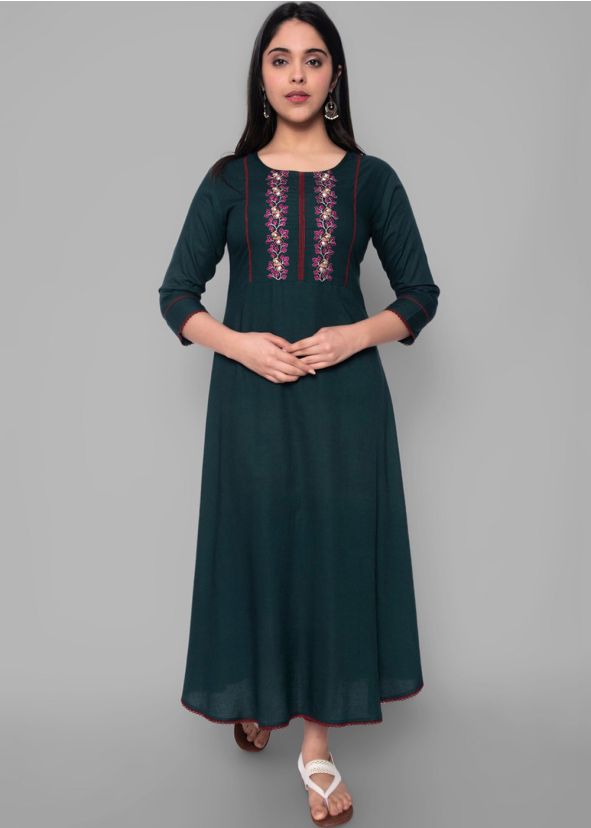 Green Embroidered Flared Kurta Set