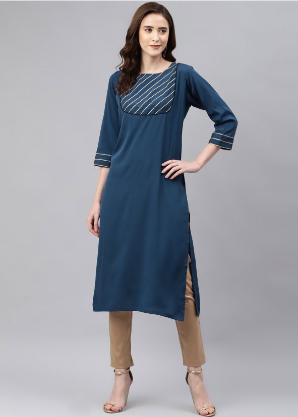 Blue Laced Kurta Pant Set In Rayon