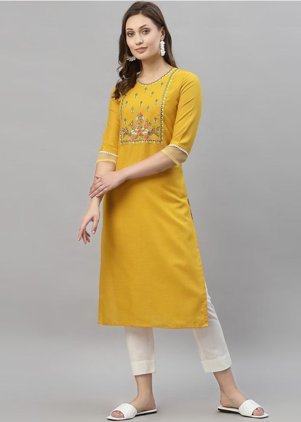 Yellow Embroidered Rayon Kurta Set