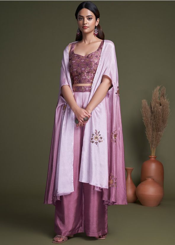 Purple Embroidered Chiffon Palazzo Set