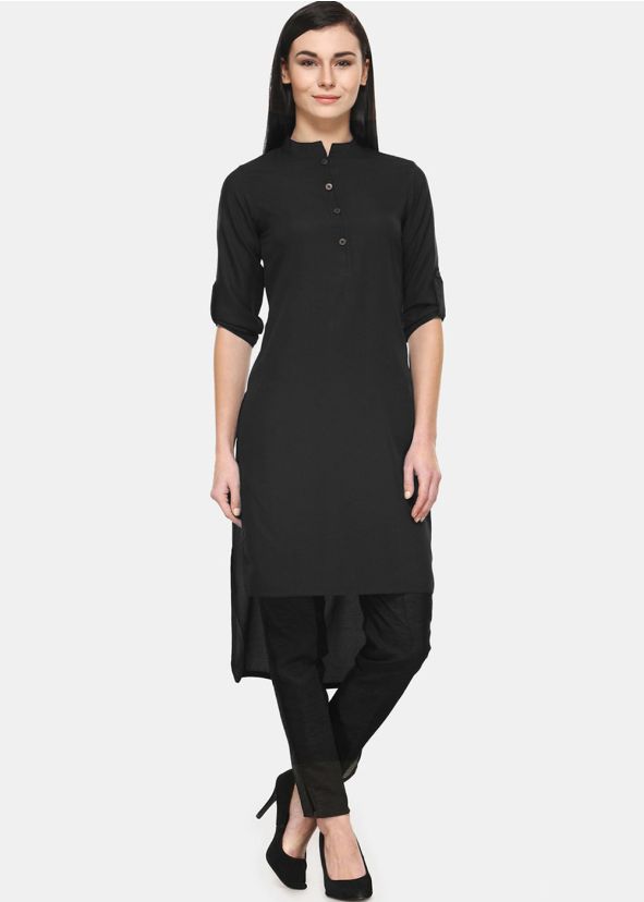 Black Plain Asymmetric Kurta Set In Rayon