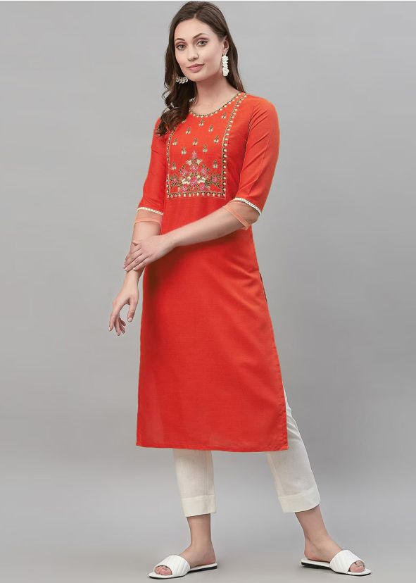 Red Embroidered Readymade Kurta Set