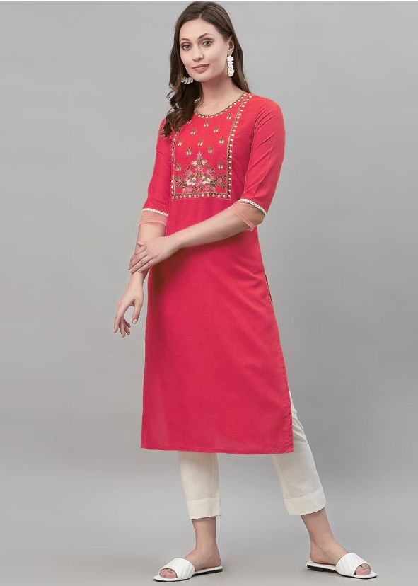 Pink Embroidered Kurta Set In Rayon