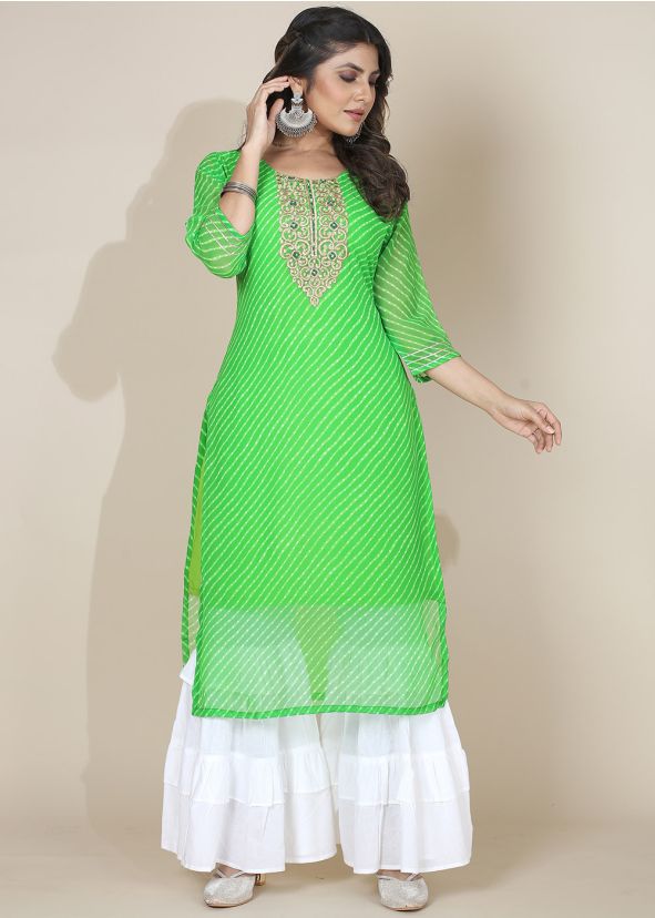 Green Leheria Embroidered Kurta Set