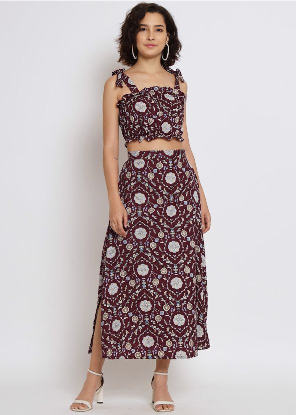 Maroon Floral Printed Skirt Set