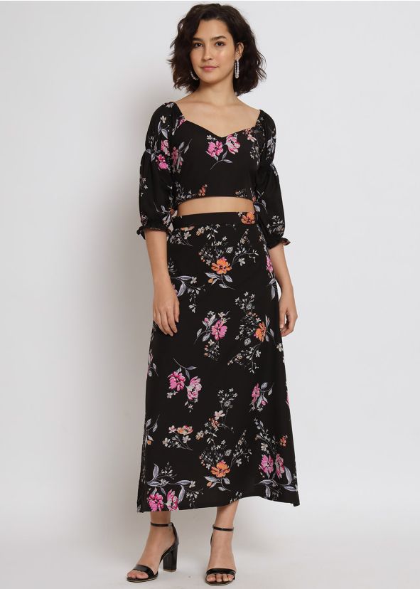 Black Printed Skirt Set In Crape