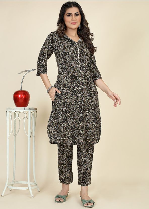 Black Readymade Viscose Printed Co-Ord Set