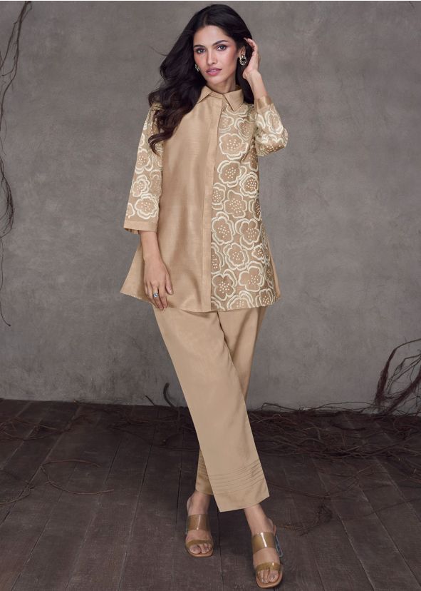 Beige Embroidered Silk Co-Ord Set