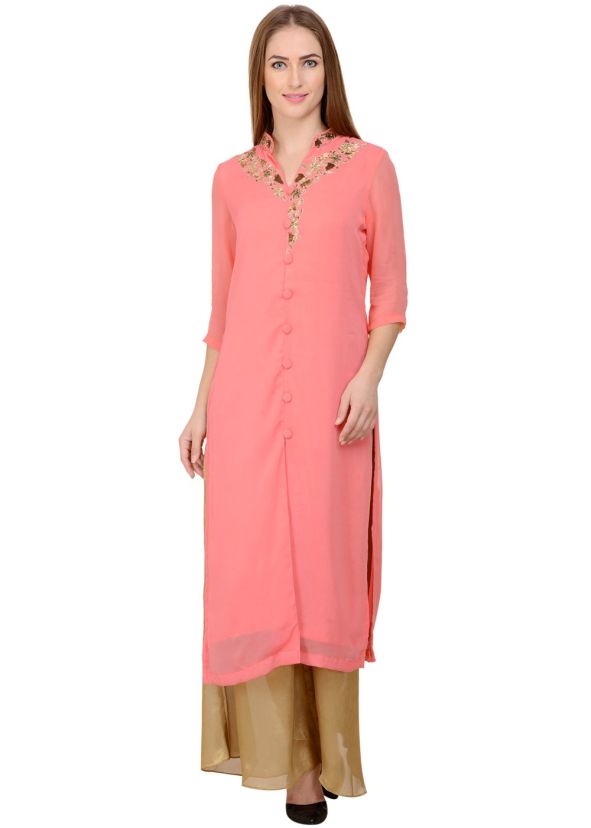 Peach Embroidered Kurta Set In Georgette