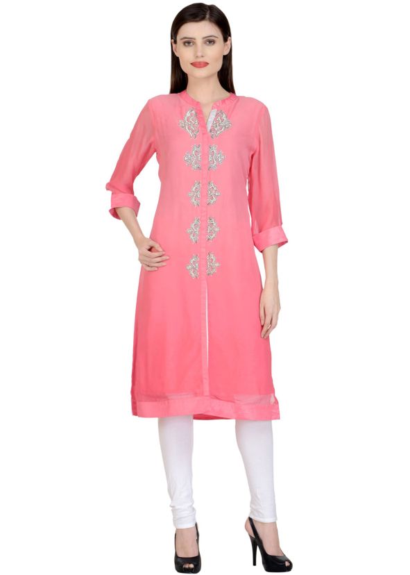 Pink Slit Style Kurta Set In Georgette