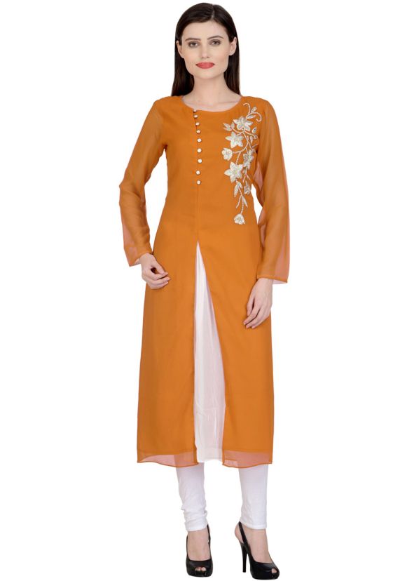 Yellow Slit Style Kurta & Churidaar In Georgette