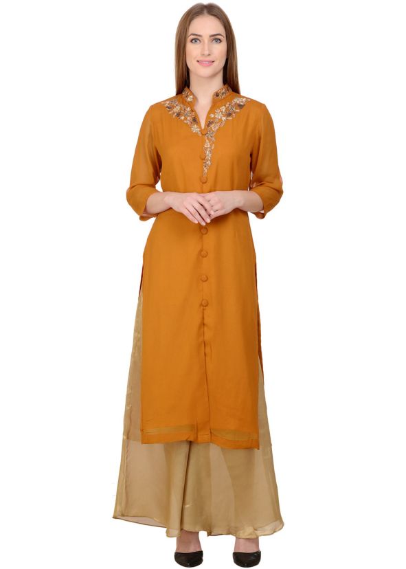 Yellow Embroidered Kurta Set In Georgette