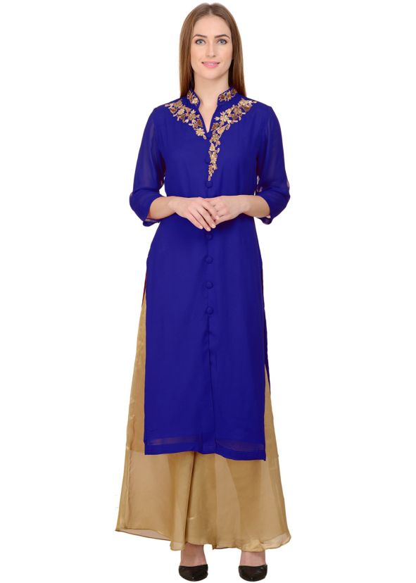 Blue Embroidered Slit Style Kurta Set