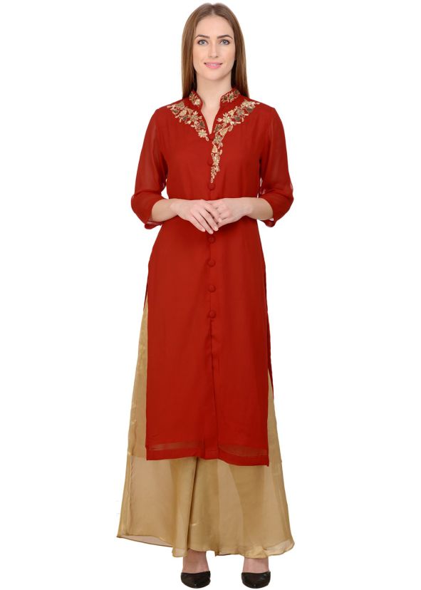 Red Embroidered Kurta & Palazzo Set