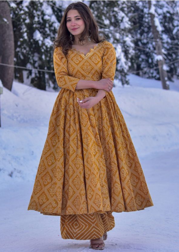 Yellow Readymade Digital Printed Anarkali Kurta In Cotton