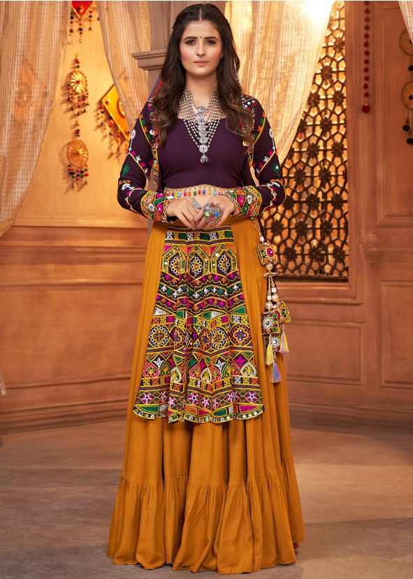 Yellow Embroidered Navratri Skirt Set With Jacket