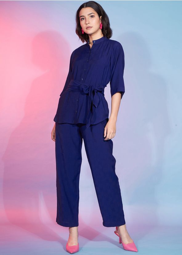 Blue Readymade Plain Co-Ord Set In Viscose