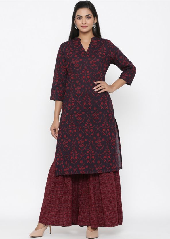 Black Floral Print Kurta Set In Cotton