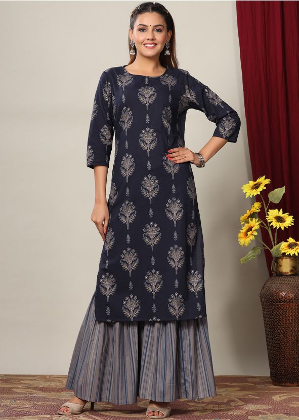 Navy Blue Floral Printed Kurta & Sharara