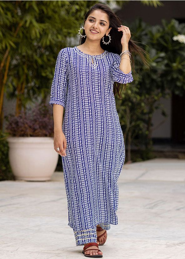 Blue Readymade Printed Kurta Set