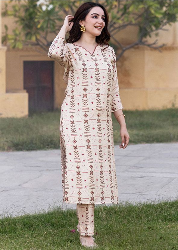 Cream Printed Kurta With Pant