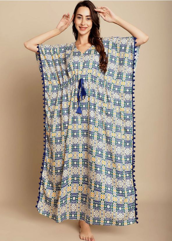 Blue Kaftan Style Kurta Set In Digital Print