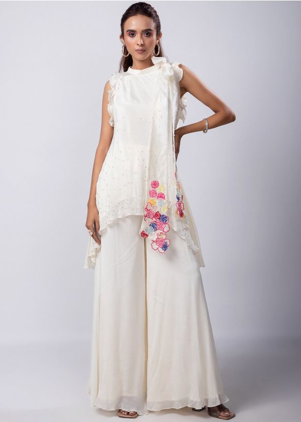 White Embroidered Co-ord Set In Chiffon