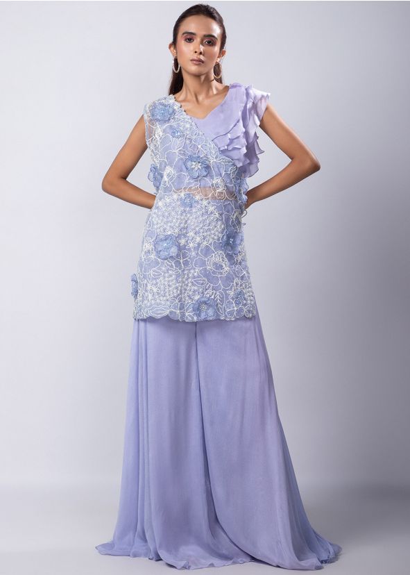 Purple Embroidered Palazzo Set In Art Silk